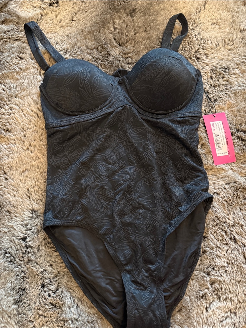 Betsey Johnson Black Floral Textured Underwire One-Piece Swimsuit